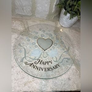 Happy Anniversary Clear 13” glass plate w/gold Lettering, Doves & Flowers